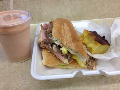 My zapote smoothie, pork sandwich, and Dominican corn bread.