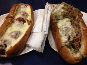 My meatball sub (left) and Caleb's steak sub (right).